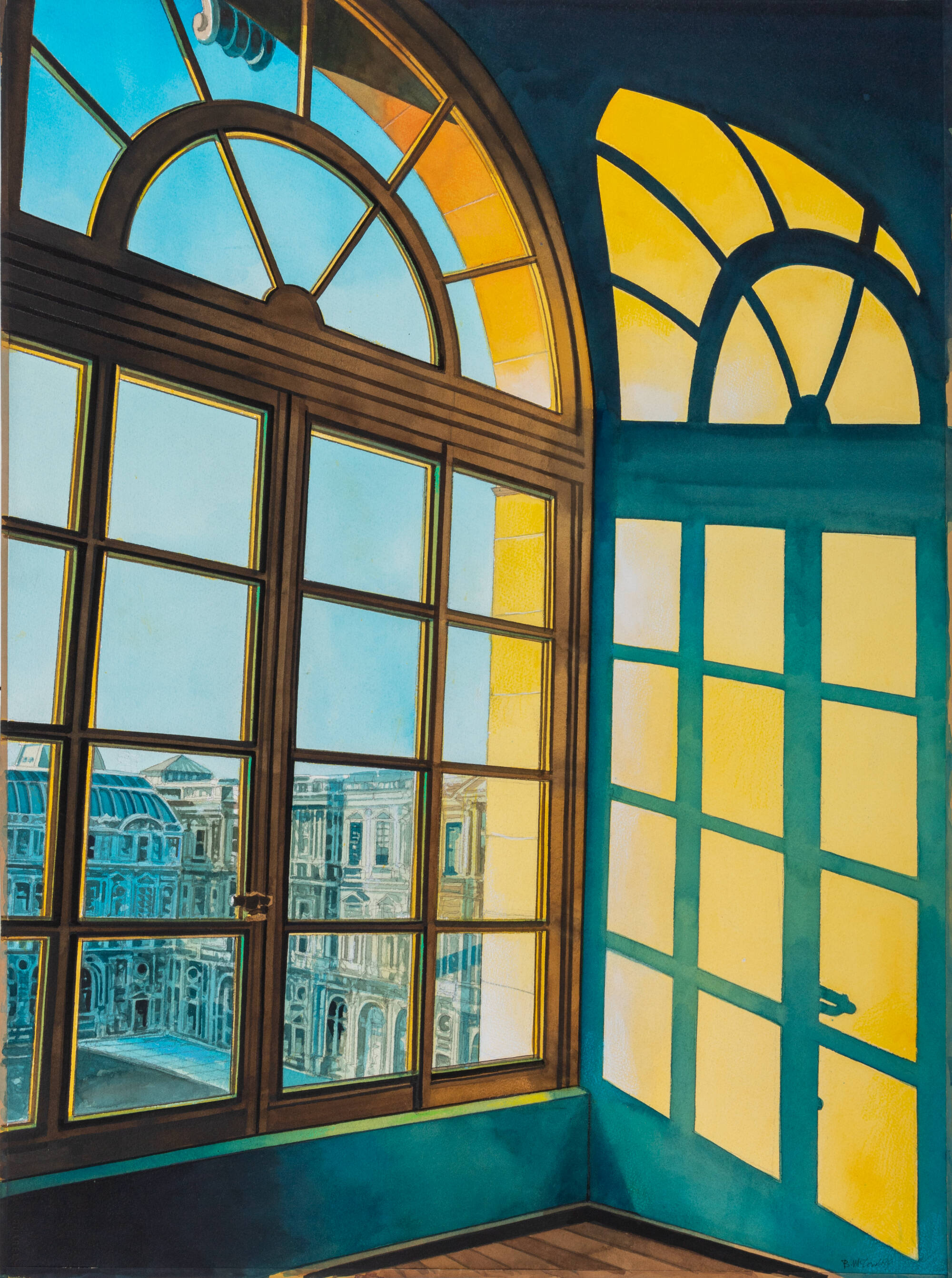 Watercolor painting of a curved window with bright sunlight coming through to the inside wall. City buildings visible outside the window.